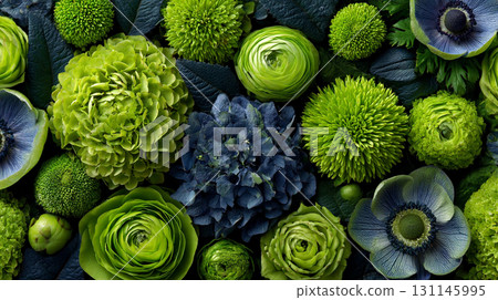 Vibrant Floral Arrangement. A lush composition of green and purple blooms 131145995