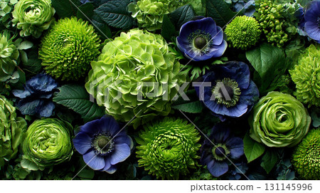 Vibrant Floral Arrangement. A lush composition of green and purple blooms 131145996