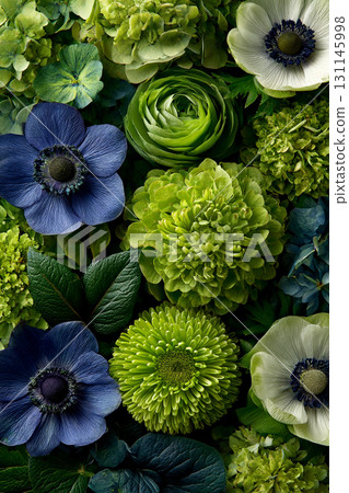 Vibrant Floral Arrangement. A lush composition of green and purple blooms 131145998