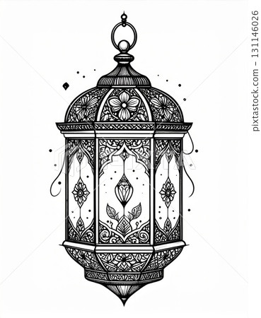 Detailed Black and White Ornate Lantern Illustration with Arabic Motifs and Vintage Styling 131146026