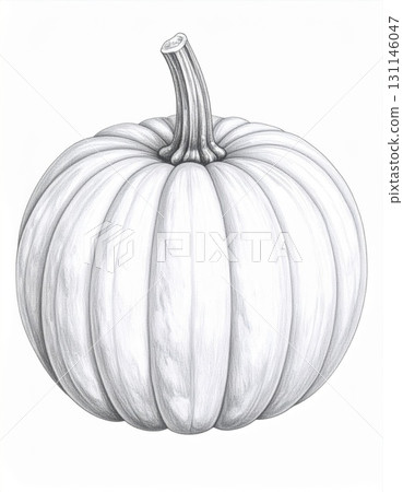 Monochrome Drawing of a Pumpkin with a Thick Stem on White Background 131146047