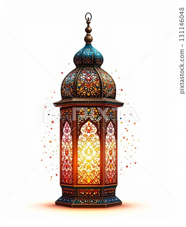 Ornate Islamic Lantern Glowing with Warm Light Against a Clean White Background 131146048