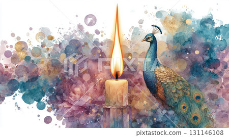 Blue Peacock Serenity. Elegant peacock with vibrant feathers beside a glowing flame 131146108
