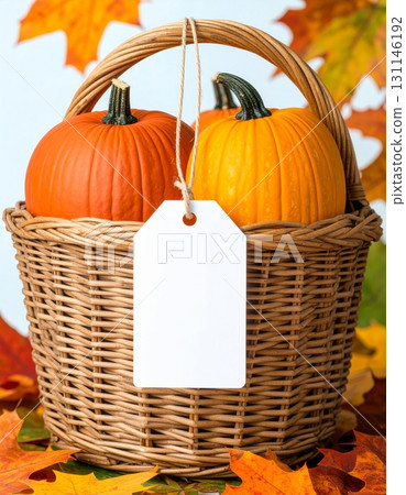 Pumpkins in Wicker Basket with Blank Tag Surrounded by Autumn Leaves on a White Backdrop 131146192