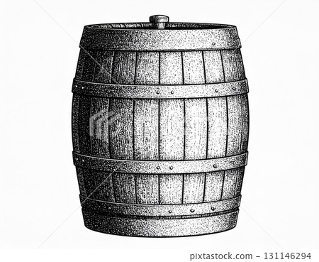 Monochrome Illustration of an Oak Wooden Barrel for Liquid Storage on White Background 131146294