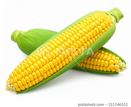 Two Ears of Fresh Yellow Corn on the Cob with Green Husks Isolated on White Two Ears of Fresh Yellow Corn on the Cob with Green Husks Isolated on White 131146322