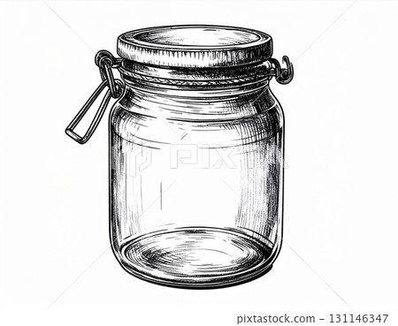 Detailed Sketch of Glass Jar with Metal Lid Classic Vintage Style with Simple Background 131146347