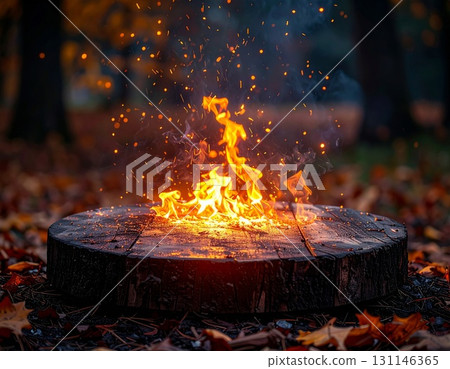 Glowing Flames Burning on Wooden Stump Amidst Autumn Foliage in Dark Forest 131146365