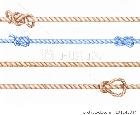 Collection of Varied Knotted Ropes in Brown Blue and White on a Clean Background Collection of Varied Knotted Ropes in Brown Blue and White on a Clean Background 131146384