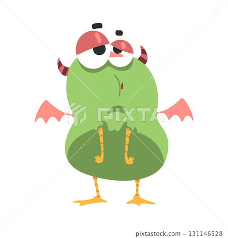 Comic Green Monster Character with Wings and Horns Vector Illustration 131146528