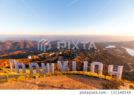 Hollywood sign at Mount Lee with view on Los Angeles in the United States Hollywood sign at Mount Lee with view on Los Angeles in the United States 131146548
