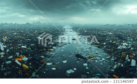 Plastic waste pollution environmental problem dark gloomy landscape 131146597