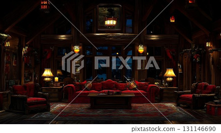 Cozy cabin living room interior with red furniture and warm lighting 131146690
