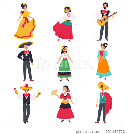 Mexican Man and Woman Character in Traditional Clothes Vector Set 131146712