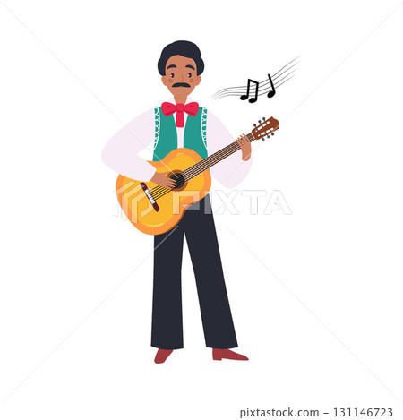 Mexican Man Character in Traditional Clothes Standing Play Guitar Vector Illustration 131146723