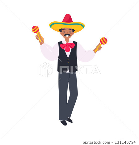 Mexican Man Character in Traditional Clothes Standing Play Maraca Vector Illustration Mexican Man Character in Traditional Clothes Standing Play Maraca Vector Illustration 131146754