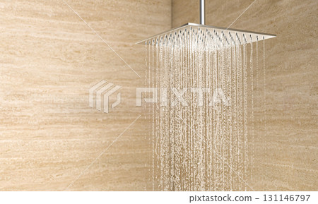 Modern shower head pouring water 3d 131146797