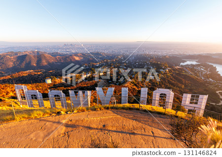 Hollywood sign at Mount Lee with view on Los Angeles in the United States Hollywood sign at Mount Lee with view on Los Angeles in the United States 131146824