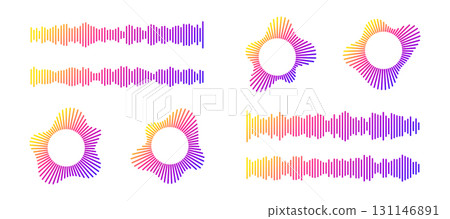 Gradient sound wave patterns with music audio frequencies in circular and linear designs for equalizer visualization. Colorful rhythm bars for podcast or streaming interface. Digital waveform set. 131146891