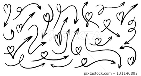 Hand drawn arrow designs with crayon texture and heart details made by brush or chalk for decorative navigation elements. Curved directional pointers with romantic symbols for valentine cards. Hand drawn arrow designs with crayon texture and heart details made by brush or chalk for decorative navigation elements. Curved directional pointers with romantic symbols for valentine cards. 131146892