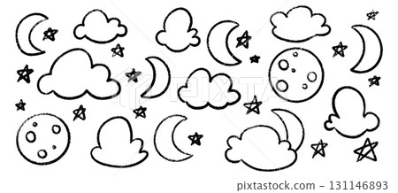 Crayon drawings of moon with cloud shapes and star patterns by kid using chalk for night sky illustration. Simple celestial elements scattered across space. Childlike sketches for nursery or school. 131146893