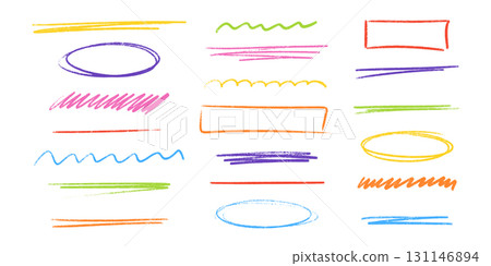 Colorful hand drawn line with pencil, crayon or pen stroke marks for underline emphasis in text design. Waves, ovals and rectangles with scribble texture for highlighting. Decorative elements set Colorful hand drawn line with pencil, crayon or pen stroke marks for underline emphasis in text design. Waves, ovals and rectangles with scribble texture for highlighting. Decorative elements set 131146894