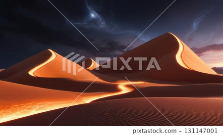 Otherworldly glowing sand dunes with river of light under a mysterious night sky 131147001