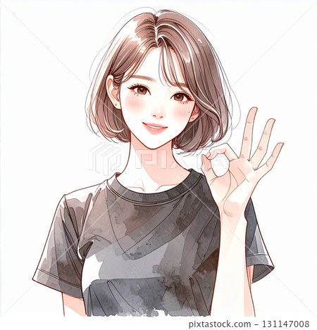 一位身穿黑色 T 恤的年輕女子以水彩風格做出「OK」手勢 一位身穿黑色 T 恤的年輕女子以水彩風格做出「OK」手勢 131147008