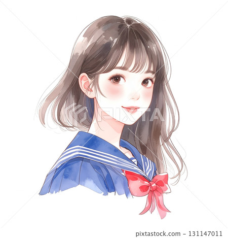 A high school girl in a sailor suit turning around, watercolor style 131147011