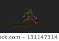 Abstract concept of a basketball game illustration with a man athlete figure running with ball, dark backdrop 131147314