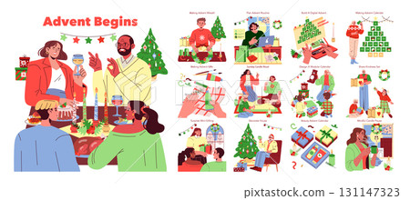 Illustrative depiction of people engaging in various festive activities to prepare for Advent. Elements include wreaths, gifts, calendars, and decorations enhancing the holiday spirit. 131147323