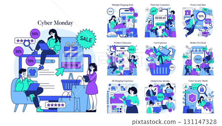 Dynamic vector illustration capturing Cyber Monday's online shopping excitement. Features people browsing deals, using devices, and organizing purchases. Includes sale percentages and shopping bags. 131147328