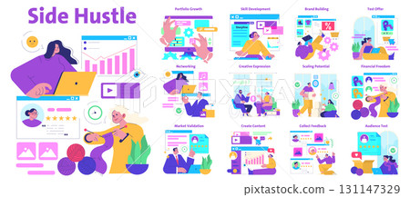 Vector illustration featuring diverse side hustle opportunities for financial growth, creative expression, skill development, and networking through various online and offline activities. 131147329