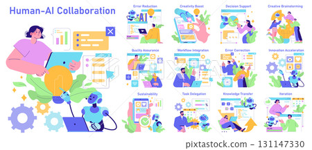 Human-AI collaboration vector illustration depicting innovation and teamwork. Various scenes highlight tasks like error reduction, creativity boost, decision support, and workflow integration. Human-AI collaboration vector illustration depicting innovation and teamwork. Various scenes highlight tasks like error reduction, creativity boost, decision support, and workflow integration. 131147330