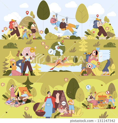 Vector illustration depicting various outdoor activities such as hiking, zip lining, camping, and kayaking. People enjoy nature, team challenges, and relaxation in a campground setting. 131147342