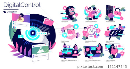 Vector illustration collection depicting digital control concepts, including AI, data privacy, user verification, access management, and content moderation, enhancing security themes. Vector illustration collection depicting digital control concepts, including AI, data privacy, user verification, access management, and content moderation, enhancing security themes. 131147343
