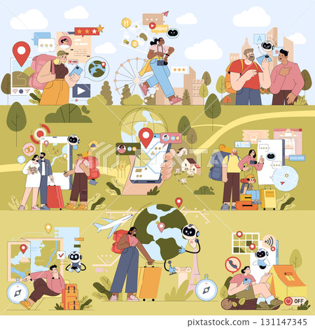 Vector illustration showing people engaging with travel and social media apps, featuring navigation, social interaction, and planning. Elements like maps, smartphones, and landmarks emphasize modern 131147345