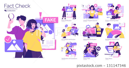 Vector illustration showing various steps in fact-checking, including data verification, metadata analysis, and fake news detection. People analyzing information using digital tools. Vector illustration showing various steps in fact-checking, including data verification, metadata analysis, and fake news detection. People analyzing information using digital tools. 131147346