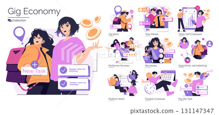Vector illustration showcasing gig economy elements, including task management, flexible schedules, and performer reviews. Features diverse characters engaging in gig work settings. Vector illustration showcasing gig economy elements, including task management, flexible schedules, and performer reviews. Features diverse characters engaging in gig work settings. 131147347