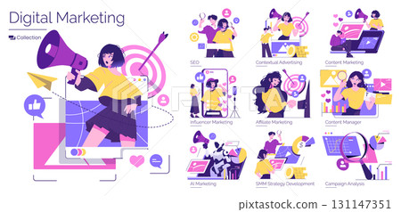 Digital marketing vector illustration showcasing diverse strategies like SEO, influencer marketing, and AI marketing, highlighting creative and analytical actions in a vibrant style. 131147351