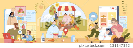 Vector illustration depicting a vibrant scene of diverse culinary activities, including online recipe sharing, market shopping, cooking, and food delivery, showcasing a dynamic food community. 131147352