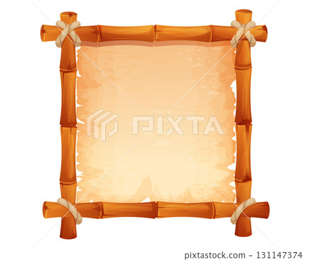 Bamboo frame with empty parchment with rope. Themed projects game ui border, menu. Old paper textured, bamboo border. 131147374
