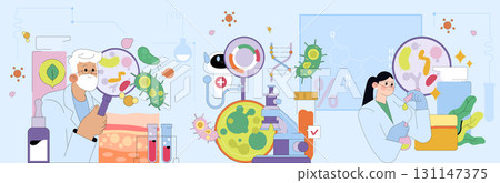 Scientists in a lab examine microorganisms and bacteria using magnifying glasses and laboratory equipment. The vector illustration highlights scientific exploration in microbiology and research. 131147375