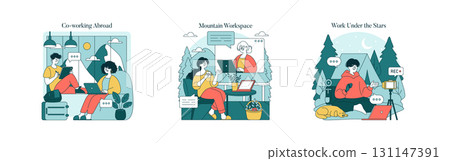 Vector illustration showing remote work in diverse settings. Digital nomads working in co-working space, mountains, and under the stars. Laptops, tablets, conversations depicted in vibrant scenes. Vector illustration showing remote work in diverse settings. Digital nomads working in co-working space, mountains, and under the stars. Laptops, tablets, conversations depicted in vibrant scenes. 131147391