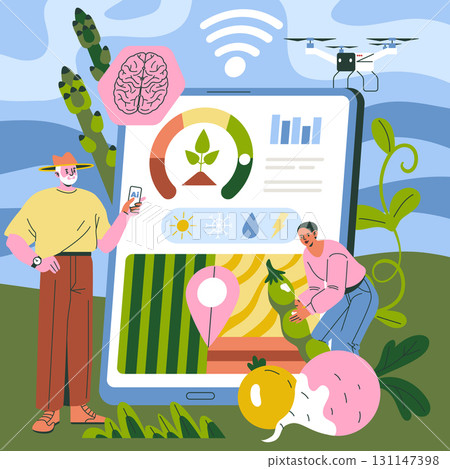 Smart farming vector illustration displaying the use of AI technology on a tablet. Showcases two people managing crops with tech insights and a drone for agricultural monitoring. Smart farming vector illustration displaying the use of AI technology on a tablet. Showcases two people managing crops with tech insights and a drone for agricultural monitoring. 131147398
