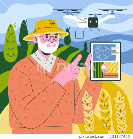 Farmer utilizing drone technology and a tablet to monitor and analyze crop conditions in a field. Vector illustration highlighting modern agricultural practices and precision farming. 131147400