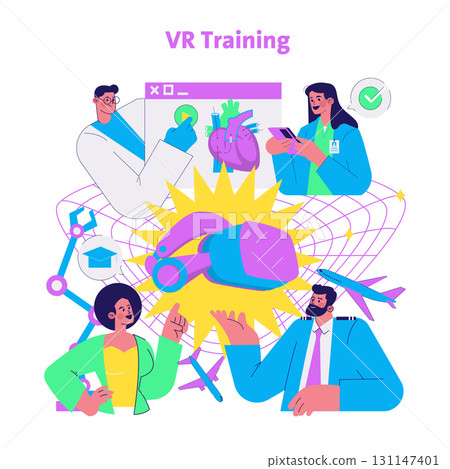Colorful vector illustration showcasing professionals using VR technology for training and education. Features diverse roles, including medical, aviation, and education. Perfect for tech and 131147401