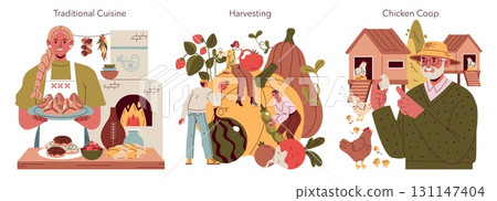 Vector illustration of traditional cooking with a smiling cook holding baked goods. Includes scenes of people harvesting large fruits and a farmer by a chicken coop with hens and eggs. Vector illustration of traditional cooking with a smiling cook holding baked goods. Includes scenes of people harvesting large fruits and a farmer by a chicken coop with hens and eggs. 131147404