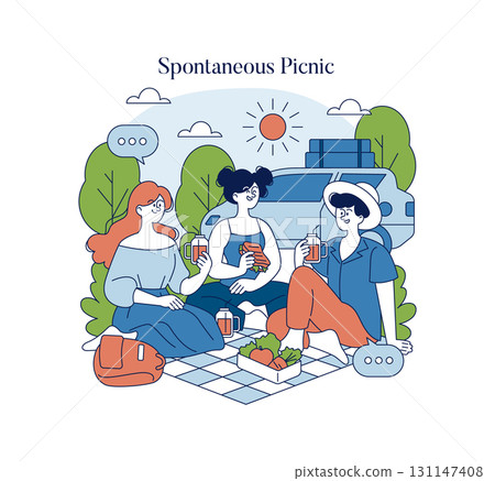 Vector illustration of three friends enjoying a spontaneous picnic beside a car. They are sitting on a mat, sharing snacks, and beverages, surrounded by nature and a cheerful atmosphere. Vector illustration of three friends enjoying a spontaneous picnic beside a car. They are sitting on a mat, sharing snacks, and beverages, surrounded by nature and a cheerful atmosphere. 131147408
