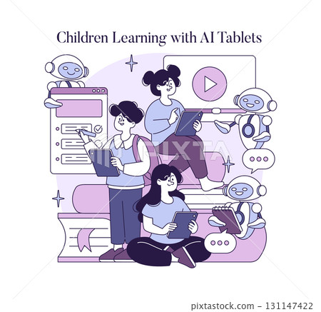 Vector illustration of children interacting with AI tablets and friendly robots. They learn in a modern setting, using technology to enhance educational experiences and creativity. Vector illustration of children interacting with AI tablets and friendly robots. They learn in a modern setting, using technology to enhance educational experiences and creativity. 131147422
